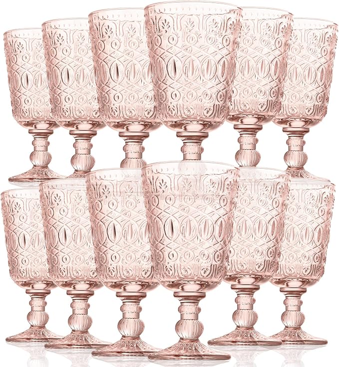 Rtteri 12 Pcs Vintage Glass Goblet Stemmed Wine Glasses Bulks 10 oz Wine Glasses Set High Clear Glassware for Juice Liquor Party Wedding Bars Restaurants Romantic Embossed (Flesh Pink)