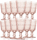 Rtteri 12 Pcs Vintage Glass Goblet Stemmed Wine Glasses Bulks 10 oz Wine Glasses Set High Clear Glassware for Juice Liquor Party Wedding Bars Restaurants Romantic Embossed (Flesh Pink)