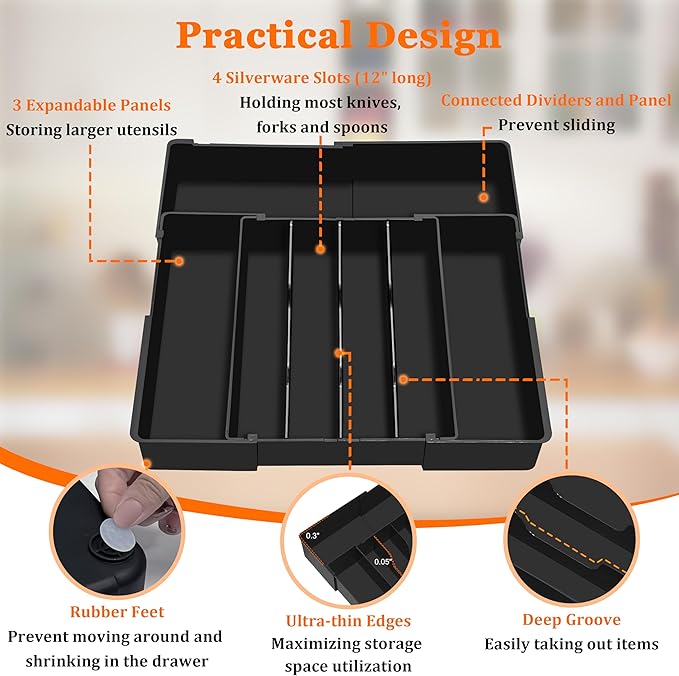 Spaclear Expandable Large Silverware Organizer - BPA-Free Food-Safe Kitchen Drawer Organizer Adjustable Utensil Drawer Organizer Cutlery Tray for Spoons Forks Knives