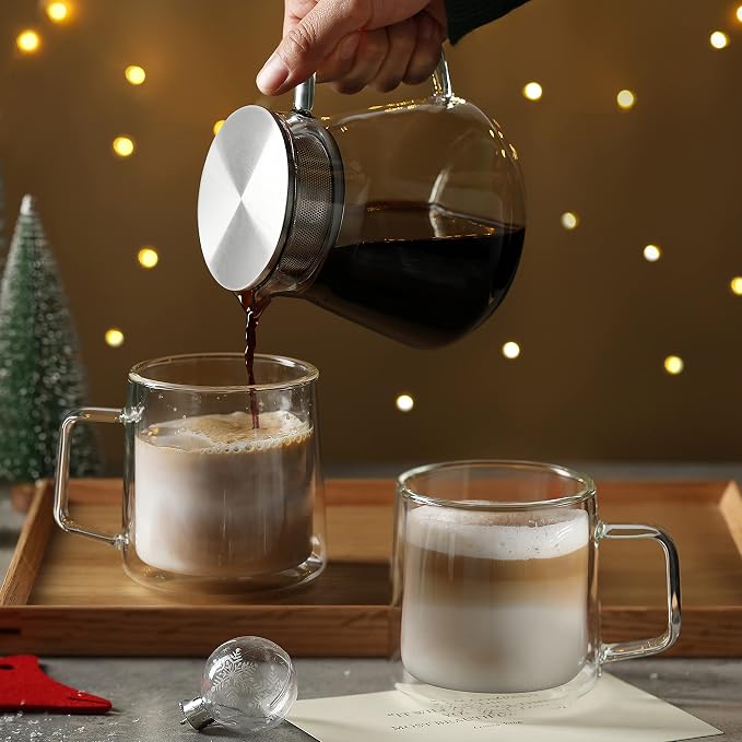 CNGLASS 12oz Glass Coffee Mugs,Double Wall Insulated Glass Cups with Handle,Clear Espresso Mugs for Latte,Cappuccino,Tea Bag,Set of 2