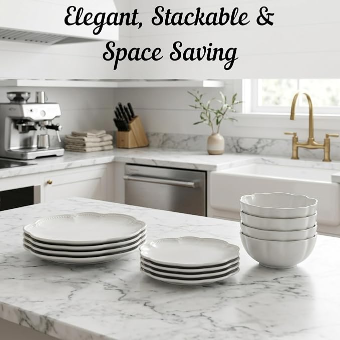 Sango Bethany 12 Pieces Scalloped White Plates & Bowls Set
