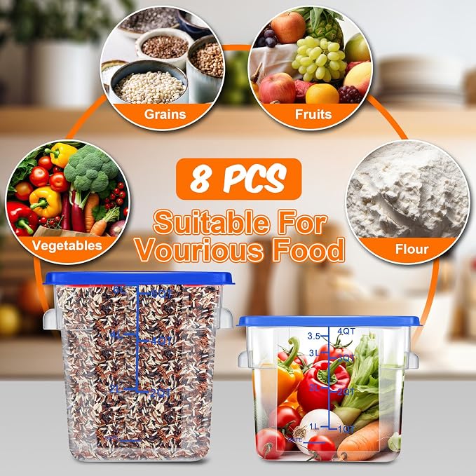 Suclain 8 Pack 4 QT and 6 QT Food Storage Containers with Lids Scales Handles Square Clear Restaurant Food Storage Containers Polycarbonate Commercial Grade for Kitchen Marinating Meat Dough(Blue)