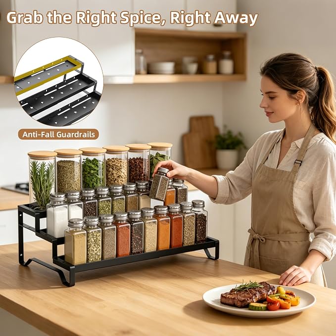 SANKEU Expandable Spice Rack Organizer for Cabinet 3 Tiered Metal Seasoning Organization with Guardrails Spice Shelf Storage for Jars Adjustable Length 13"-21" Black 1Pack