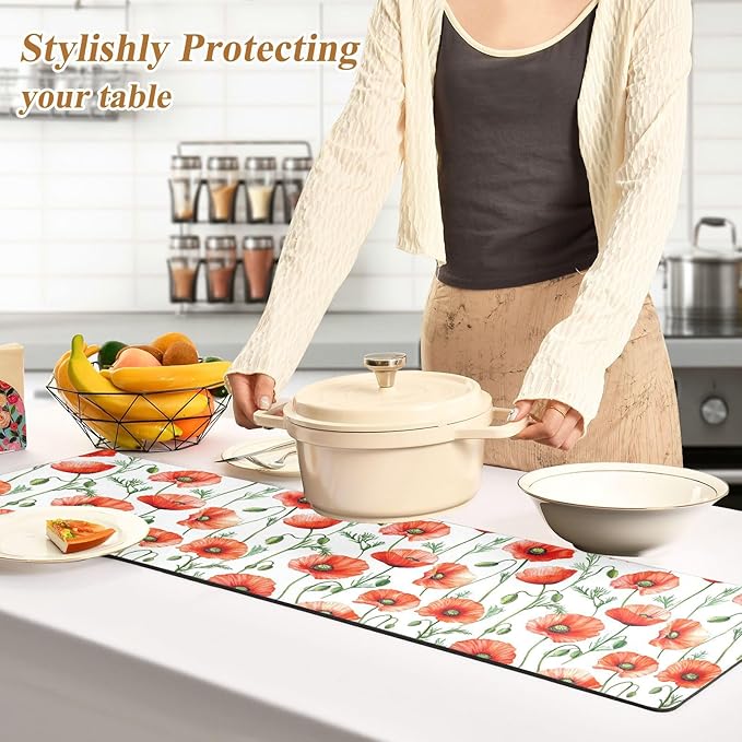 Red and White Poppy Flowers Trivet Table Runner Heat Resistant 230F for Hot Dishes Pots Plates Kitchen Dining Table Protector Decorative 39.37 X 11.8 Inch