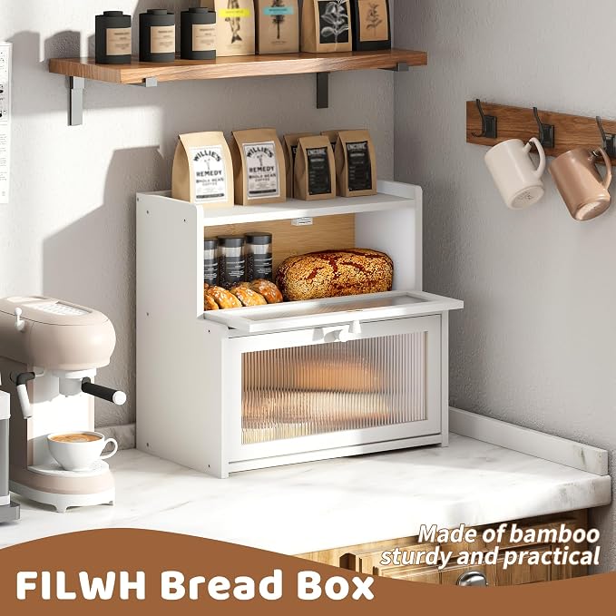 Bread Box for Kitchen Countertop Double Layer Large Corner Bread Box Capacity Bread Storage Bin Farmhouse Breadbox Container Organizer Cabinet Cupboard (White)