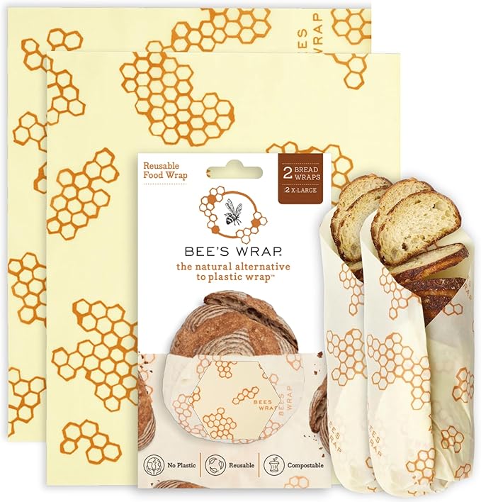 Bee's Wrap Beeswax Wraps for Bread - 2 Pack Beeswax Bread Wrap for Sourdough & Bread Storage - Plastic Free Made in USA Reusable Natural Food Wrap - & Honeycomb