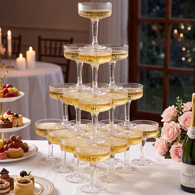 Houmury 20 Pcs 7oz Plastic Champagne Glasses Unbreakable Plastic Martini Glasses Flutes Reusable Clear Acrylic Coupe Drinkware For Wedding Birthday Party (20, Clear)