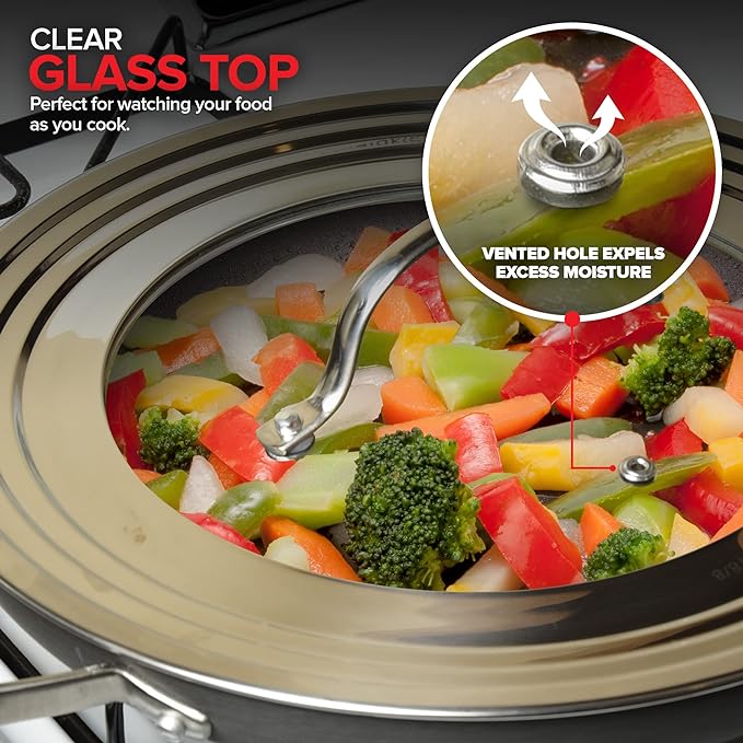 Modern Innovations Universal Lids with Tempered Glass (2 Pack), Fits 8.25 to 12 Inch Pots and Pans, Replacement Frying Pan Covers and Cast Iron Skillet Lids with Stainless Steel Rim