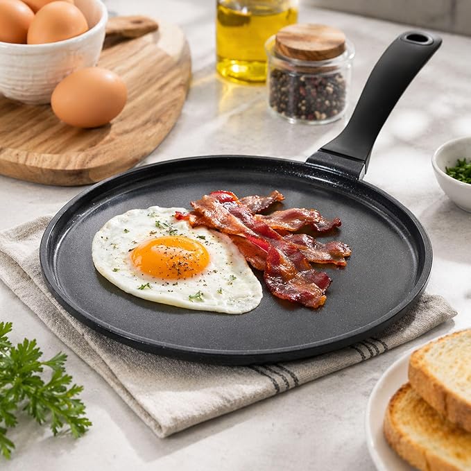 Alva Ceramic Nonstick Crepe Pan, 11 Inch Flat Griddle Pan for Crepes, Pancakes, Eggs & Tortillas, PFAS-Free Aluminum Frying Pan, Induction Compatible, Black