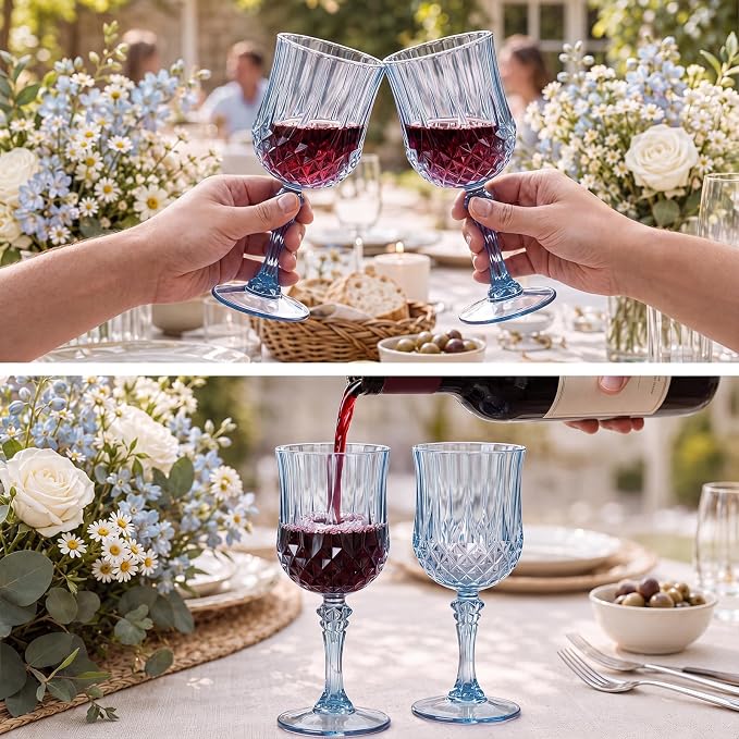Sliner 96 Pcs 7oz Plastic Vintage Wine Glasses Drinking Goblets Unbreakable Crystal Water Glassware Reusable Diamond Champagne Flutes Cups for Wedding Banquet Birthday Party Supplies (Light Blue)