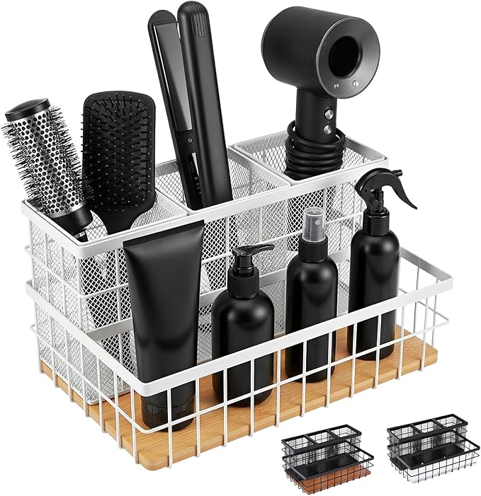 AceOrbit 1 Pcs 1pcs Hair Tool Organizer Countertop Breathable Metal Bamboo Hot Tools Vanity Organizer Under Sink Bathroom Hair Dryer Holder Countertop Brush Comb Holder Tray (Natural Bamboo,White)