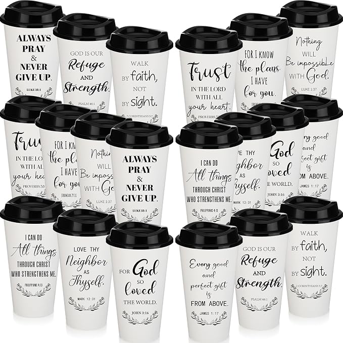 Skylety 60 Pack Bulk Christian Gifts for Men Women 16oz Reusable Bible Verse Tumbler Plastic Coffee Cup with Lid Inspirational Religious Church Gift for Teacher Graduation Party Favor (White)
