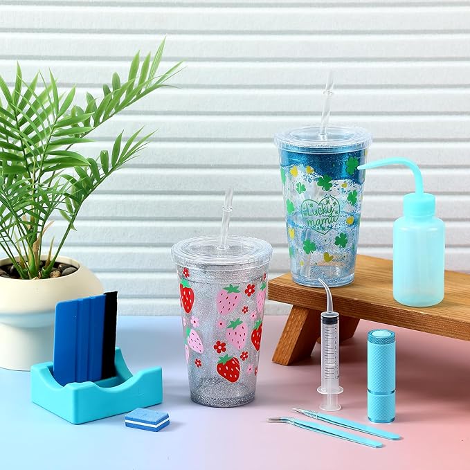 Baderke 20 Pcs Snow Globe Tumbler DIY Kit 16 oz Tumbler Squeeze Bottle, Glitter, Funnel Tweezer Silicone Cup Cradle Measuring Cup Glove Flashlight Buffer for Beginner(Blue,Cute)