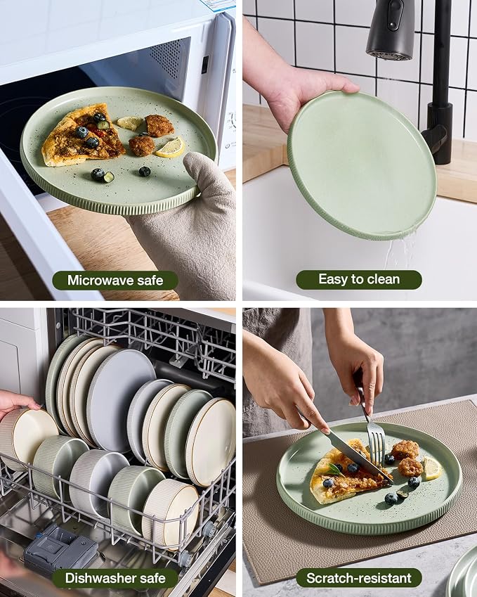 Famiware Star 24-Piece Reactive Glaze Plates and Bowls Sets, Service for 8 - Stoneware Dinnerware Set, High Edge Ribbed Dishes, Chip & Scratch Resistant, Microwave & Dishwasher Safe, Matte Sage Green