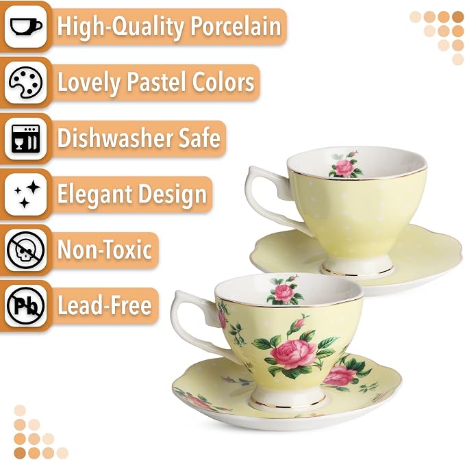 BTaT- Floral Tea Cups and Saucers, Set of 2, 8 oz, Fine Porcelain Teacup Set with Gold Trim for Afternoon Tea, Weddings, Parties & Gifting, Dishwasher Safe, Lightweight, Non-Toxic