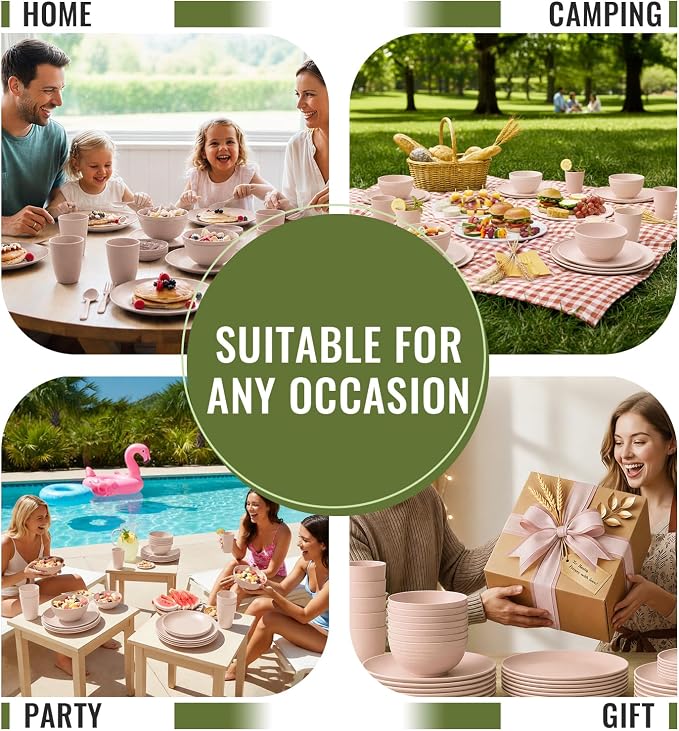 Wheat Straw Dinnerware Sets for 8, 40 Piece Unbreakable Dinnerware Set, Plates and Bowls Sets, Kitchen Plates and Bowls Set, Lightweight Dish Set for Travel Camping Party Outdoor Use - Muted Pink