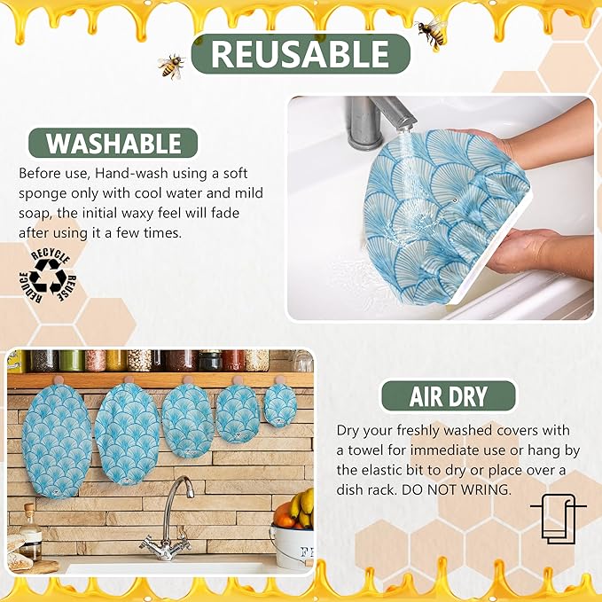 Beeswax Bowl Covers Set of 5 (XS–XL) – Reusable Elastic Food Covers for Bowls – Organic Cotton with Beeswax, Washable & Plastic-Free | Li’l Things – Seashell Serenade