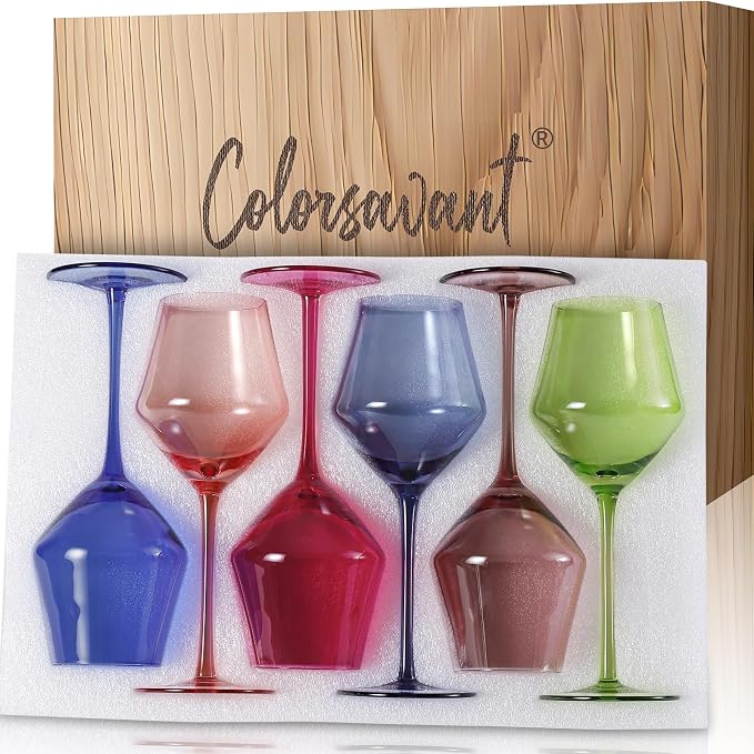 Colored Wine Glasses Set 6 – 16oz Hand-Blown Stemmed Colorful Wine Glass, Muted Color Golbet Set,Unique Wine Gifts for Women, Birthday,Housewarming