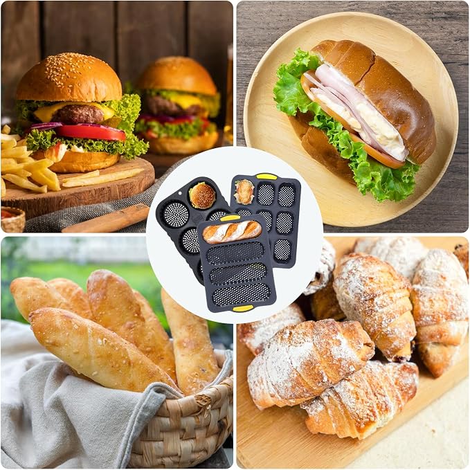 JJUNW Set of 5 Silicone Hamburger Bun Mold, 4/6/9 Cup Silicone Hotdog Bun Pan with Spatula Brush, Mini Baguette Pans Bread Baking Pan for Homemade Hamburger Buns