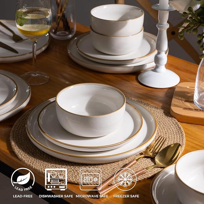 GBHOME Ceramic Dinnerware Sets for 6, 18 Pieces Stoneware Plates and Bowls Sets, Scratch Resistant Dishes, Dishwasher & Microwave Safe, Reactive Glaze-White