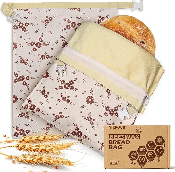 Large Linen Beeswax Bread Bags(2 Pack) Sourdough Bread Bags Reusable Double-Lock Freezer Baking Container Gift Giving for Homemade,Loaf,Sourdough,Food Storage (Flowers 2)