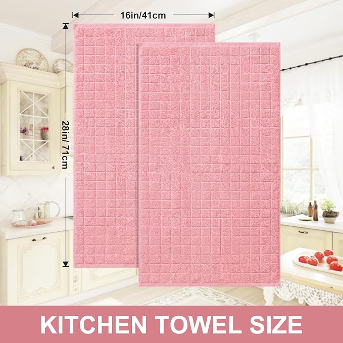 Homaxy Premium Cotton Kitchen Towels 16"x 28", Large Natural Ring Spun 390 GSM Dish Towels, Super Absorbent Terry Kitchen Hand Towels, Soft Tea Towels with Hanging Loop, Pure Pink Check Design, 4 Pack