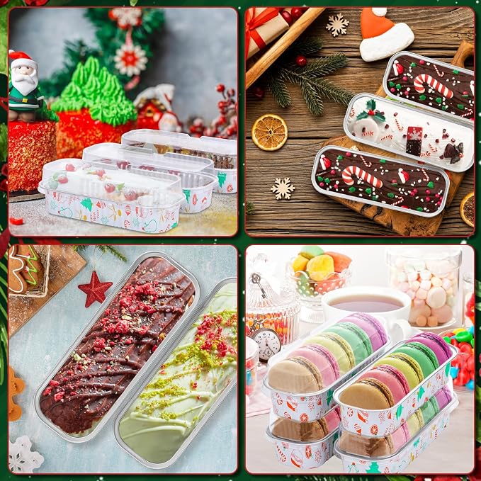 50Pack Christmas Mini Cake Pans Disposable Mini Loaf Pans with Lids and Spoons, 6.8Oz Aluminum Foil Pans Tins, Individual Dessert Cups Containers for Sales,Party,Picnics