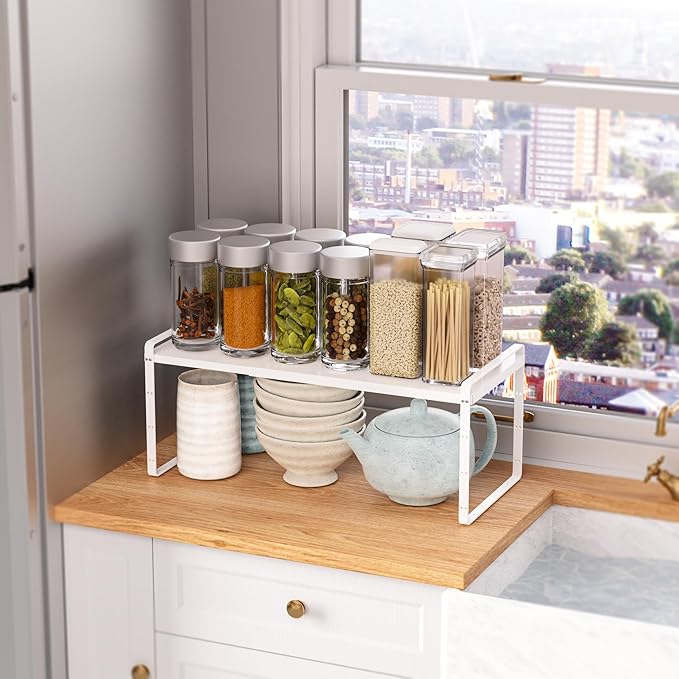 SANNO Expandable Kitchen Shelf Organizers, Large Kitchen Cupboard Organizer Stackable Counter Shelf Spice Rack Expandable Shelves,Pantry Storage Organization, White,1 pack