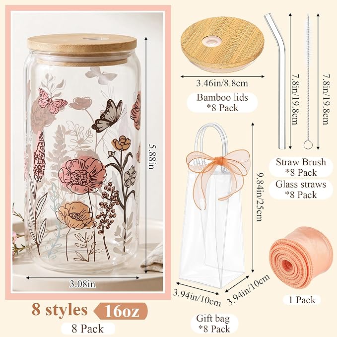 Mumufy 8 Sets Vintage Flower Glass Cups with Clear Gift Bag 16 oz Reusable Colorful Iced Coffee Mugs Aesthetic Cute Tumbler with Lids and Straws, Gifts for Girls Women Bridesmaid