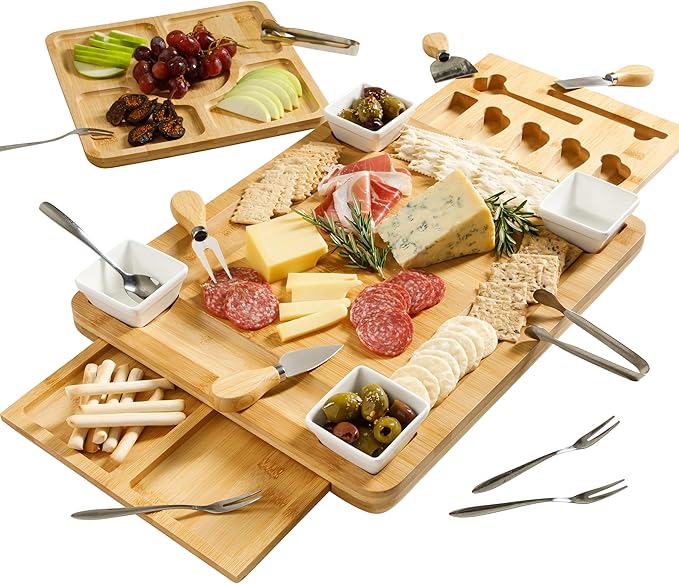 Gibson Home Rustic Inspirations 18-Piece Bamboo Charcuterie Board Set for Serving – Large Cheese & Fruit Tray with Hidden Drawer Ceramic Bowls Utensils – Gift for Entertaining Housewarming Holidays