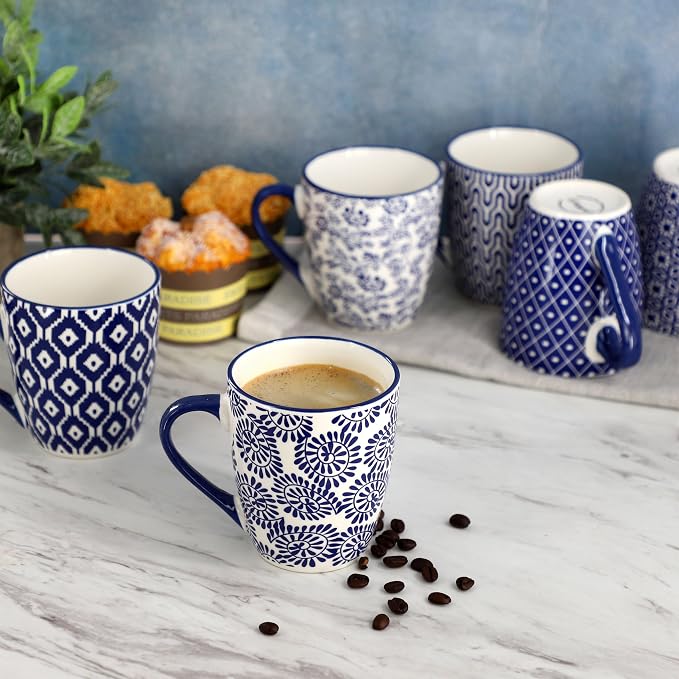 Elama Declan 12 Ounce Assorted Design Stoneware Mug Set in Blue and White, 6 Piece Set