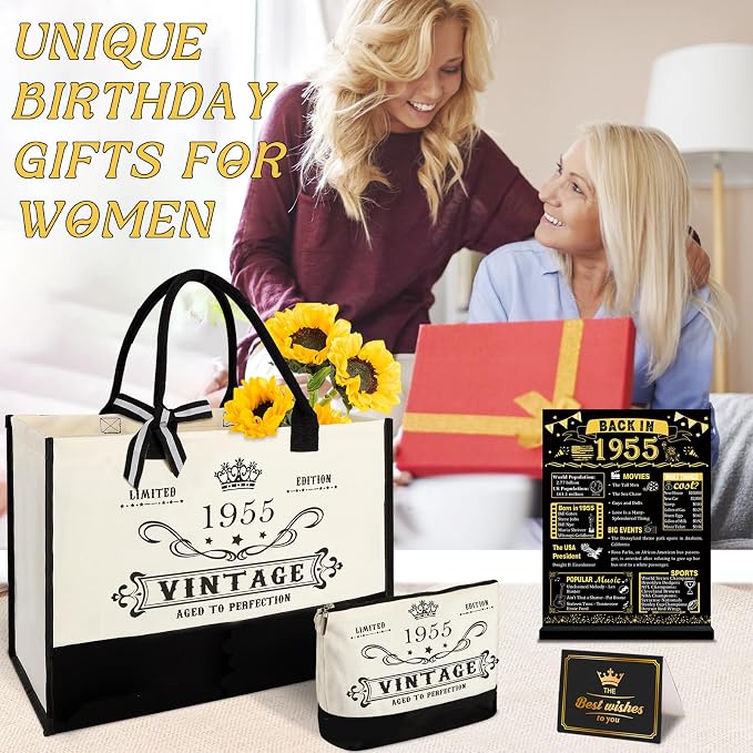 YeohJoy 71st Birthday Gifts for Women Canvas Tote Bag Travel Gear, Unique 71st Years Old Gifts for Mom Grandma Aunt Wife Sister Friends Her, Vintage 1955 Handbag & Makeup Bag & 71st Birthday Card
