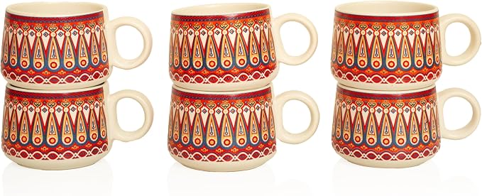 Handcrafted Set of 6 Ceramic Tea Cups 150 ML Elegant Porcelain Breakfast Coffee Mugs Boho Style For Cortado Cappuccino Espresso Kulhad Chai Microwave & Dishwasher Red Food Safe For Home Office Kitchen
