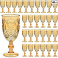 Wiwiqing 48 Pcs Plastic Goblets 7.5oz Vintage Goblet Plastic Wine Glasses Colored Retro Embossed Water Goblets for Wine Bar Juice Baby Shower Wedding Reception Grand Event Party (Amber)