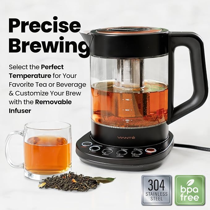 Viante Luxury Tea Set, Electric Kettle With Infuser, Gift for Tea Lovers | Borosilicate glass body plus ceramic teapot, 4 ceramic cups & bamboo tray. No plastic ever touches your water