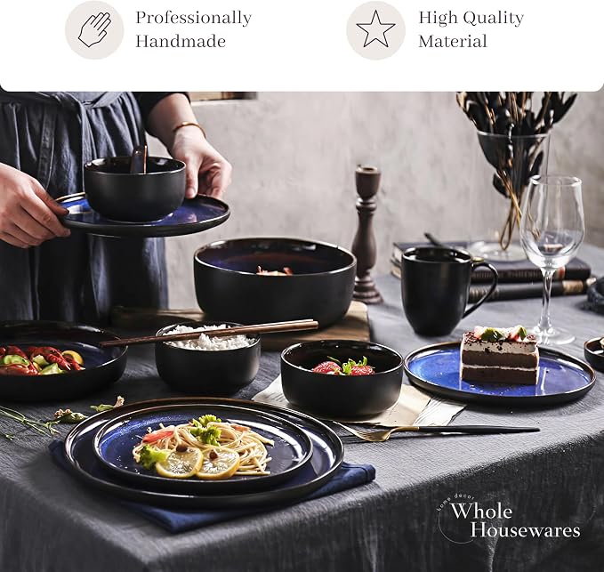 Whole Housewares Ceramic Plates and Bowls Set - Dinnerware Set - Microwave and Dishwasher Safe - 16 Piece Dinner Set - Perfect for Parties, Birthdays, or Weddings - Blue