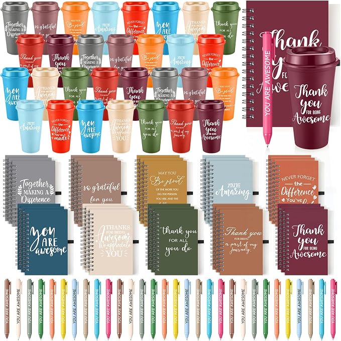 Teenyyou 90 Pcs Employee Appreciation Gift Set, 16oz Tumbler with Lid Notebook Pen Bulk Thank You Gift Holiday Party Favor for Teachers Office Coworker Teacher Staff Team (Fresh Color,Delicate Style)