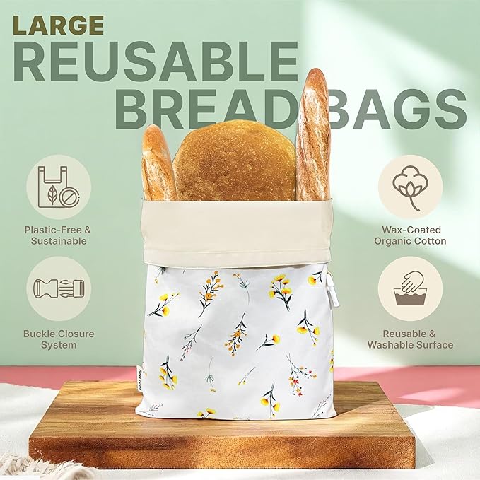 Bread Bags XL (Set of 2) – Reusable Beeswax Bread Bag for Homemade & Sourdough Bread – 100% Cotton with Beeswax Lining – Eco-Friendly Bread Storage Bag – Keeps Bread Fresh Longer