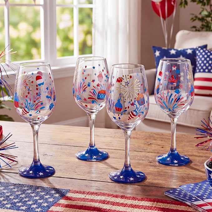 SiliFine 4 Pcs Patriotic 4th of July Stemmed Wine Glasses Hand Painted USA American Fireworks Star Drinking Cup Wine Glasses Gifts for Independence Day Birthday Theme Holiday Party Supplies