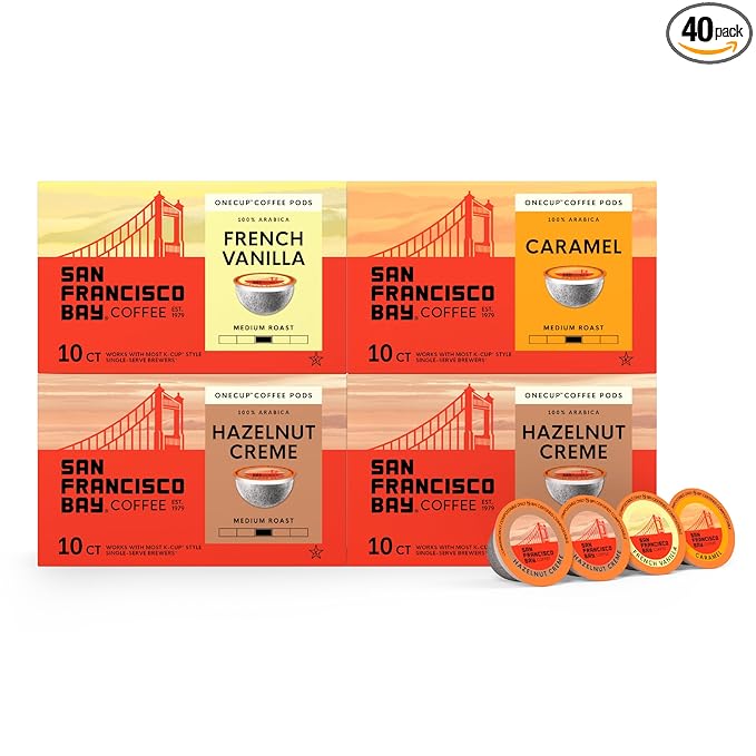 San Francisco Bay K-Cup Coffee Pods Flavored Variety Pack (40 ct), Includes Hazelnut Crème, Caramel, & French Vanilla, Commercially Compostable Single-Serve Flavored Coffee Pods