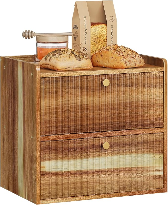 Trironsun Acacia Bread Box for Kitchen Countertop Wood Bread Storage Container Bin Double Layer BreadBox Farmhouse Large Capacity Food Organizer (Acacia Wood)