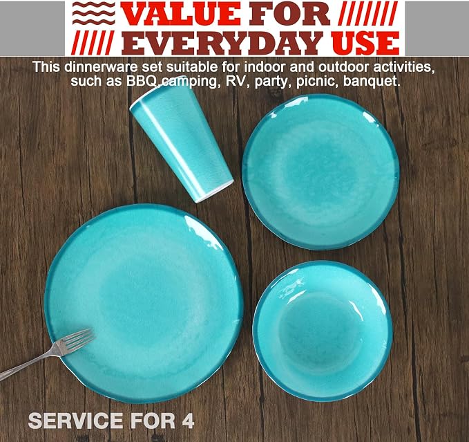 Melamine Dinnerware Set for 4-16 Pcs:Camping Dishes Set with Dinner Plates,Salad Plates,Bowls and Cups.Lightweight and Unbreakable.Indoor and Outdoor Use.