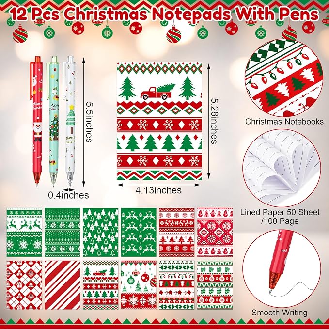 Skylety 12 Set Christmas Gifts Bulk 16 oz Red and Green Glass Cups with Lids Straws Xmas Notebook Sticky Note Pens for Employee Appreciation Women Students School Office Holiday Party Favors