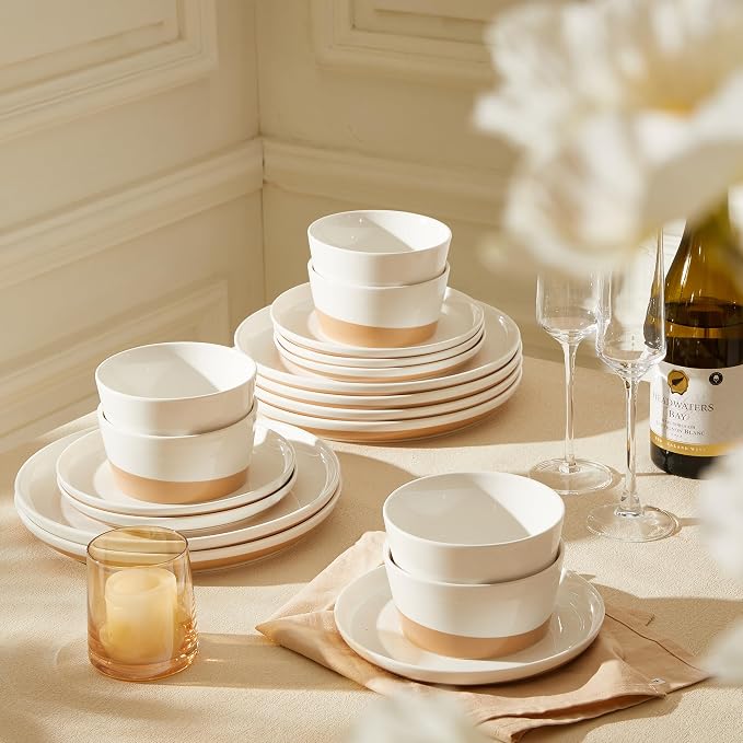 Sweese 18 Pieces Porcelain Dinnerware Set, Modern Dish Set for 6, Hand Painted Kitchen Plates and Bowls Sets, Scratch Resistant Dishware Sets, Dishwasher & Microwave & Oven Safe Dinner Set, Brown