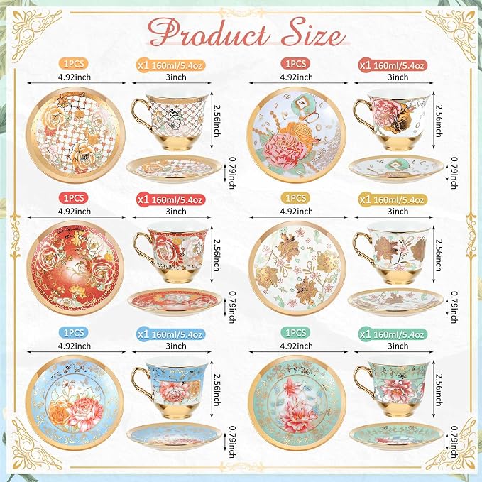 Teenyyou Set of 6 Tea Cups and Saucers Tea Party Decorations Floral Porcelain 5.4 oz British Gift for Women Birthday Party, Church, and Mother's Day (Stylish Style)