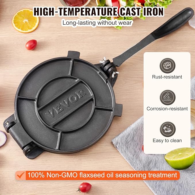 VEVOR Tortilla Press, 10 Inch Tortilla and Roti Maker, Cast Iron Heavy Duty Tortilladora Press, Pre-Seasoned Pataconera with 100 Pcs Parchment Paper, Dough Maker for Flour Tortilla, Tawa