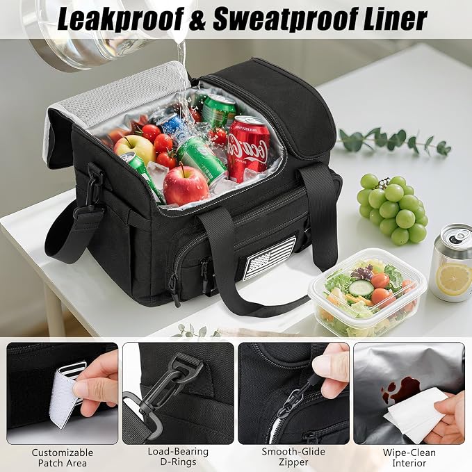 ETRONIK Tactical Lunch Box for Men, 20L Insulated Lunch Bag with Hot/Cold Compartments, Men's Lunch Box Fits 4 Meals + Snacks, Adult Lunch 8H Cooler Bags for Work, Hiking, Beach, Gym, Black