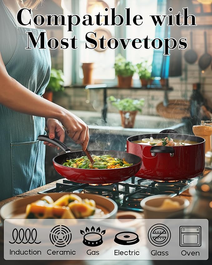 Cook N Home Professional Pots and Pans Nonstick Cookware Set, Kitchen Cooking Set with Frying Pans and Saucepans, Induction Compatible, 12-Piece, Red