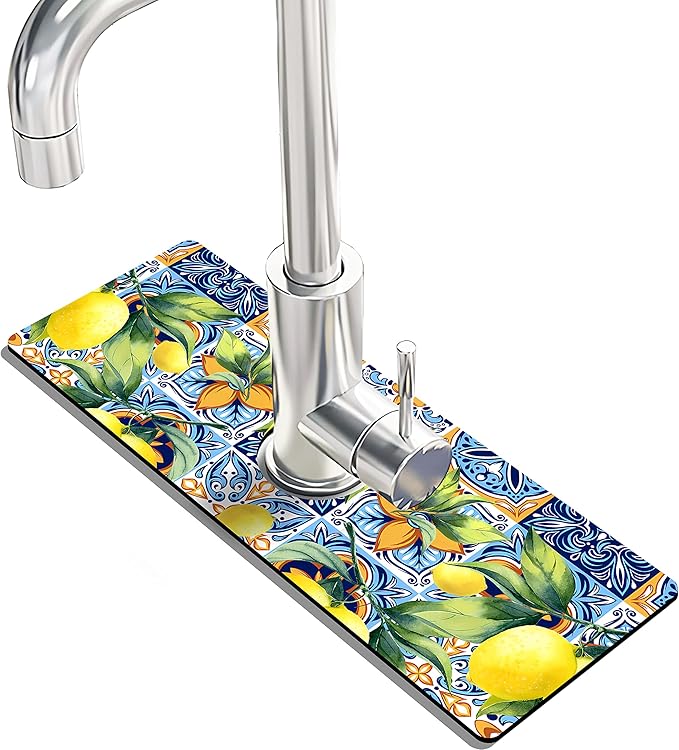 Kitchen Sink Splash Guard Faucet Mat Super Absorbent Fast Drying Mat Sink Gadgets Splash Guard Behind Faucet Drip Catcher for Kitchen (Lemon, 15x5.5in)
