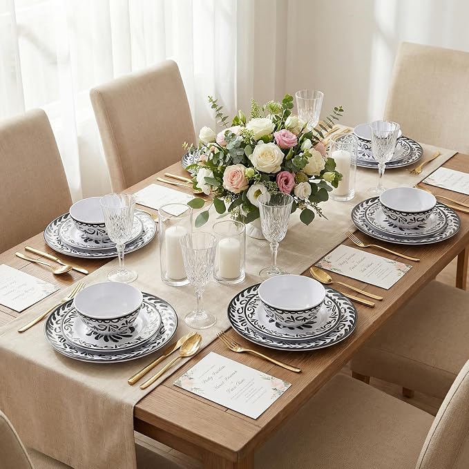 12-Piece Melamine Plates and Bowls Set - Artistic Black & White Design Dinnerware Set， Service for 4, Lightweight Melamine Dishes Set for Indoor and Outdoor Use，Black Floral